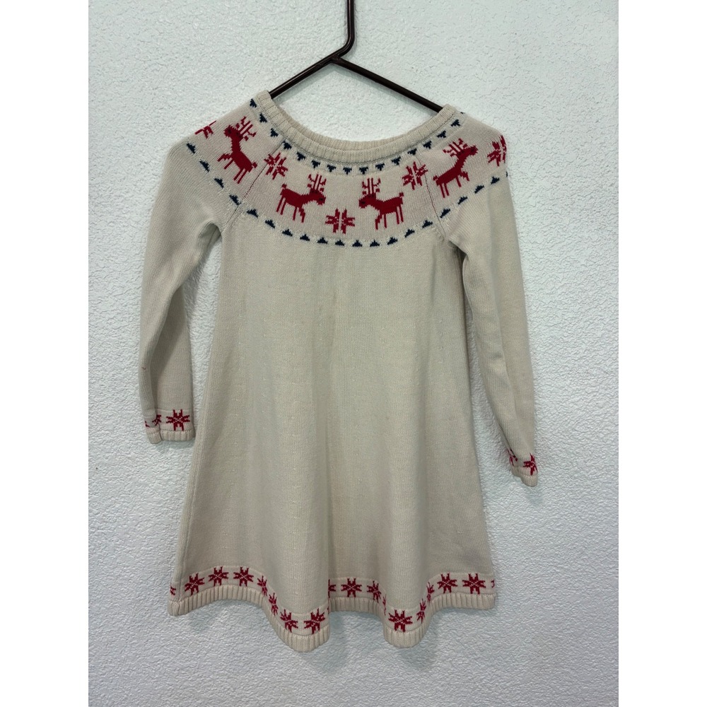 Hanna Andersson Kids Ivory Reindeer Fair Isle Knit Sweater Dress Size 130 US 8